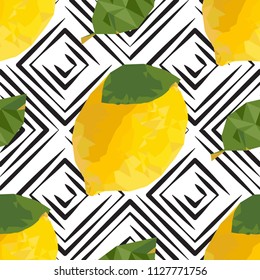Lemon Seamless Pattern with Mosaic Effect. Polygonal Yellow Tropical Fruit Texture. Sunny and Beautiful Summer Background Vector Illustration