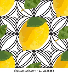 Lemon Seamless Pattern with Mosaic Effect. Polygonal Yellow Tropical Fruit Texture. Sunny and Beautiful Summer Background Vector Illustration