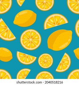 Lemon seamless pattern on a blue background. Colorful juisy tasty fruit endless ornament for textile, print, backdrop, wrapping paper