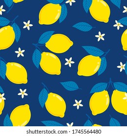 Lemon seamless pattern on dark blue background vector illustration.