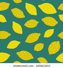Lemon seamless pattern on green background. Print with citrus fruits collection. Hand drawn summer design for fabric, textile print, wrapping paper, children textile. Vector illustration
