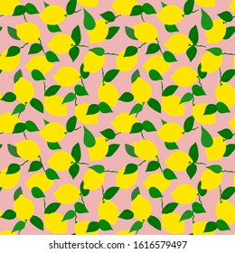 Lemon seamless pattern on pink background with green leaves.Suitable for printing on fabric, wrapping paper.Tropical stylized fruit. Vector illustration