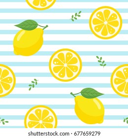 Lemon Seamless Pattern On Stripe Background