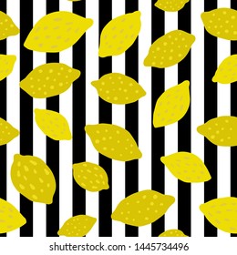 Lemon seamless pattern on stripes background. Hand drawn seamless pattern with citrus fruits collection. Vector illustration