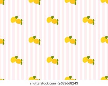 Lemon seamless pattern on verticaly pink stripes. Fruits background for fabric, tablecloth, clothes scrapbooking. Vector illustration