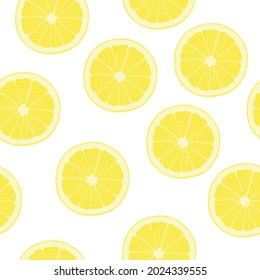 Lemon seamless pattern on a white background. Citrus juice. Slice of juicy fruit. Vector illustration. Suitable for textiles, packaging, scrapbooking, wallpaper, magazine, book, postcard, menu cover, 