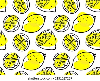 Lemon Seamless pattern on white background. Hand drawn line lemon illustration. Repeated Vector illustration. Food template for cafe, restaurant menu, textile, wallpaper, scrapbooking, wrapping paper