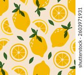 Lemon seamless pattern. Print with lemons, yellow citrus fruit with green leaves and branches, summer juicy lemonade background. Vector texture for wrapping paper, wallpaper, fabric.