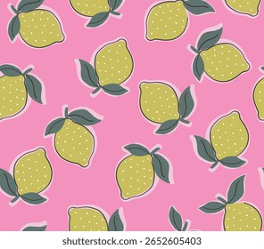 Lemon seamless pattern. Print on pink backgroun with lemons, yellow citrus fruit with green leaves and branches, summer juicy lemonade background. Vector texture for wrapping paper, wallpaper, fabric.