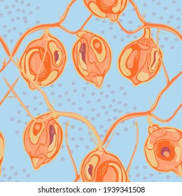 Lemon Seamless Pattern. Psychedelic Citron Motif. Vector Summer Citrus Print. Simple Marker Lime. Botanical Illustration. Cerulean Blue and Gold  Modern Hand Drawn Background.