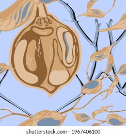 Lemon Seamless Pattern. Psychedelic Citron Motif. Vector Summer Citrus Print.  Modern Hand Drawn Background. Simple Marker Lime. Botanical Illustration. Cerulean Blue and Gold