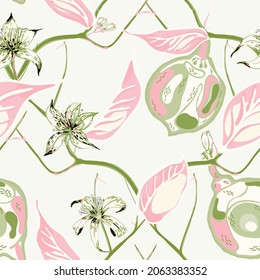 Lemon Seamless Pattern. Psychedelic Citron Motif.  Modern Hand Drawn Background. Vector Summer Citrus Print. Green Ash and Pink Simple Marker Lime. Botanical Illustration.