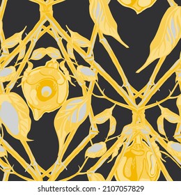 Lemon Seamless Pattern. Psychedelic Citron Motif. Simple Marker Lime. Botanical Illustration.  Modern Hand Drawn Background. Vector Summer Citrus Print. Yellow Gold