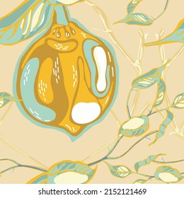 Lemon Seamless Pattern. Psychedelic Citron Motif. Vector Summer Citrus Print.  Modern Hand Drawn Background. Yellow Gold Simple Marker Lime. Botanical Illustration.