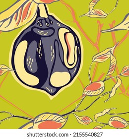 Lemon Seamless Pattern. Psychedelic Citron Motif.  Modern Hand Drawn Background. Simple Marker Lime. Botanical Illustration. Vector Summer Citrus Print. Green and Grey