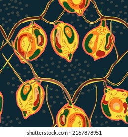 Lemon Seamless Pattern. Psychedelic Citron Motif.  Modern Hand Drawn Background. Vector Summer Citrus Print. Green, Red and Yellow Simple Marker Lime. Botanical Illustration.