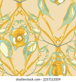 Lemon Seamless Pattern. Psychedelic Citron Motif. Yellow Gold Simple Marker Lime. Botanical Illustration. Vector Summer Citrus Print.  Modern Hand Drawn Background.