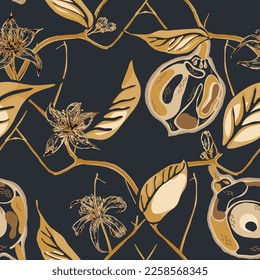 Lemon Seamless Pattern. Psychedelic Citron Motif. Simple Marker Lime. Botanical Illustration. Vector Summer Citrus Print.  Modern Hand Drawn Background. Yellow Gold