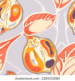 Lemon Seamless Pattern. Psychedelic Citron Motif. Illumination Yellow and Amethyst Purple Simple Marker Lime. Botanical Illustration.  Modern Hand Drawn Background. Vector Summer Citrus Print.
