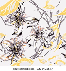 Lemon Seamless Pattern. Psychedelic Citron Motif. Vector Summer Citrus Print. Illuminating Yellow and Ultimate Gray Simple Marker Lime. Botanical Illustration.  Modern Hand Drawn Background.