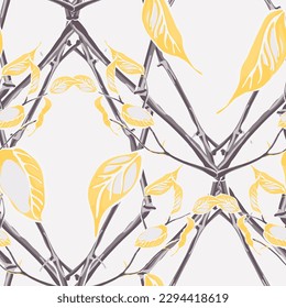 Lemon Seamless Pattern. Psychedelic Citron Motif. Vector Summer Citrus Print.  Modern Hand Drawn Background. Simple Marker Lime. Botanical Illustration. Illuminating Yellow and Ultimate Gray