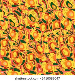 Lemon Seamless Pattern. Psychedelic Citron Motif. Vector Summer Citrus Print. Simple Marker Lime. Botanical Illustration. Green, Red and Yellow  Modern Hand Drawn Background.