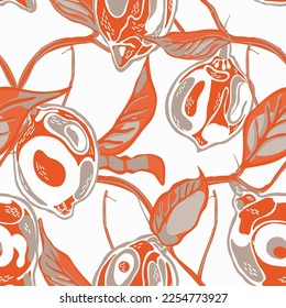 Lemon Seamless Pattern. Red and Grey  Modern Hand Drawn Background. Psychedelic Citron Motif. Simple Marker Lime. Botanical Illustration. Vector Summer Citrus Print.