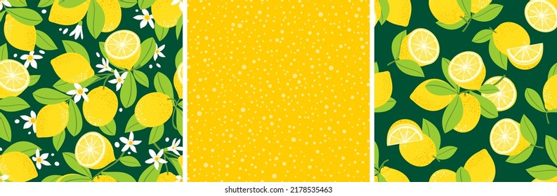 Lemon seamless pattern set. Lemon blossoming branches. Lemon fruits, halves, leaves, flowers. Juicy drops. Vector.