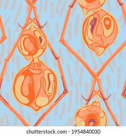 Lemon Seamless Pattern. Simple Marker Lime. Botanical Illustration. Cerulean Blue and Gold Psychedelic Citron Motif. Vector Summer Citrus Print.  Modern Hand Drawn Background.