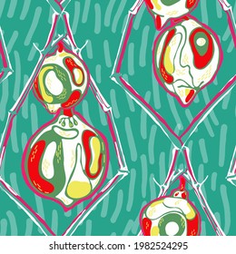 Lemon Seamless Pattern. Simple Marker Lime. Botanical Illustration. Psychedelic Citron Motif.  Modern Hand Drawn Background. Vector Summer Citrus Print. Cerulean Blue, Red and Ultimate Gray
