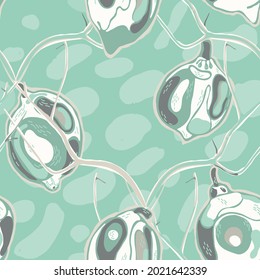 Lemon Seamless Pattern. Simple Marker Lime. Botanical Illustration. Psychedelic Citron Motif. Green and Grey Vector Summer Citrus Print.  Modern Hand Drawn Background.