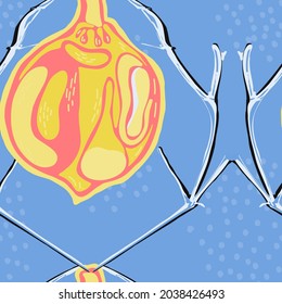 Lemon Seamless Pattern. Simple Marker Lime. Botanical Illustration.  Modern Hand Drawn Background. Psychedelic Citron Motif. Yellow Gold Vector Summer Citrus Print.