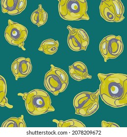 Lemon Seamless Pattern. Simple Marker Lime. Botanical Illustration. Vector Summer Citrus Print.  Modern Hand Drawn Background. Green and Grey Psychedelic Citron Motif.