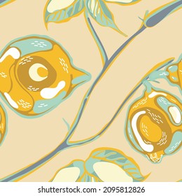 Lemon Seamless Pattern. Simple Marker Lime. Botanical Illustration. Vector Summer Citrus Print.  Modern Hand Drawn Background. Psychedelic Citron Motif. Yellow Gold