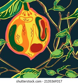 Lemon Seamless Pattern. Simple Marker Lime. Botanical Illustration. Green, Red and Yellow Vector Summer Citrus Print.  Modern Hand Drawn Background. Psychedelic Citron Motif.
