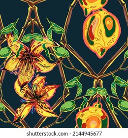 Lemon Seamless Pattern. Simple Marker Lime. Botanical Illustration. Green, Red and Yellow Vector Summer Citrus Print. Psychedelic Citron Motif.  Modern Hand Drawn Background.