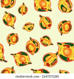 Lemon Seamless Pattern. Simple Marker Lime. Botanical Illustration.  Modern Hand Drawn Background. Psychedelic Citron Motif. Green, Red and Yellow Vector Summer Citrus Print.