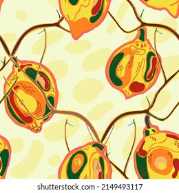 Lemon Seamless Pattern. Simple Marker Lime. Botanical Illustration. Green, Red and Yellow  Modern Hand Drawn Background. Psychedelic Citron Motif. Vector Summer Citrus Print.