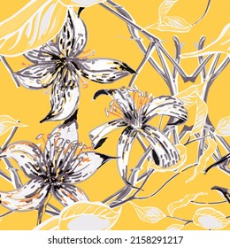 Lemon Seamless Pattern. Simple Marker Lime. Botanical Illustration. Psychedelic Citron Motif. Vector Summer Citrus Print. Illuminating Yellow and Ultimate Gray  Modern Hand Drawn Background.