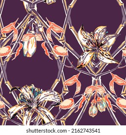 Lemon Seamless Pattern. Simple Marker Lime. Botanical Illustration. Illumination Yellow and Amethyst Purple Psychedelic Citron Motif.  Modern Hand Drawn Background. Vector Summer Citrus Print.