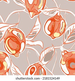 Lemon Seamless Pattern. Simple Marker Lime. Botanical Illustration.  Modern Hand Drawn Background. Psychedelic Citron Motif. Red and Grey Vector Summer Citrus Print.