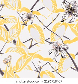 Lemon Seamless Pattern. Simple Marker Lime. Botanical Illustration.  Modern Hand Drawn Background. Vector Summer Citrus Print. Psychedelic Citron Motif. Illuminating Yellow and Ultimate Gray