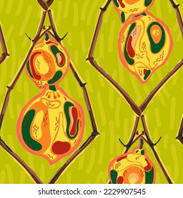 Lemon Seamless Pattern. Simple Marker Lime. Botanical Illustration. Psychedelic Citron Motif.  Modern Hand Drawn Background. Green, Red and Yellow Vector Summer Citrus Print.