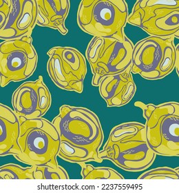 Lemon Seamless Pattern. Simple Marker Lime. Botanical Illustration.  Modern Hand Drawn Background. Psychedelic Citron Motif. Vector Summer Citrus Print. Green and Grey