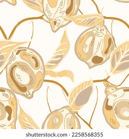 Lemon Seamless Pattern. Simple Marker Lime. Botanical Illustration. Psychedelic Citron Motif. Yellow Gold Vector Summer Citrus Print.  Modern Hand Drawn Background.