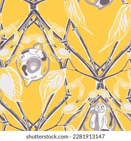 Lemon Seamless Pattern. Simple Marker Lime. Botanical Illustration.  Modern Hand Drawn Background. Illuminating Yellow and Ultimate Gray Vector Summer Citrus Print. Psychedelic Citron Motif.