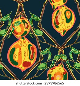 Lemon Seamless Pattern. Simple Marker Lime. Botanical Illustration. Green, Red and Yellow Psychedelic Citron Motif.  Modern Hand Drawn Background. Vector Summer Citrus Print.
