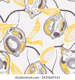 Lemon Seamless Pattern. Simple Marker Lime. Botanical Illustration.  Modern Hand Drawn Background. Illuminating Yellow and Ultimate Gray Vector Summer Citrus Print. Psychedelic Citron Motif.