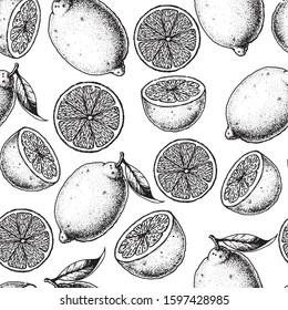 Lemon seamless pattern. Sketch vector illustration. Design for packaging design. Lemon citrus food. Lemon hand drawn illustration. 