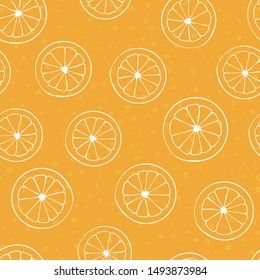 Lemon seamless pattern - lemon slices on orange background, great for fashion prints, textile, wallpapers, banners, cards or menues. Vector surface design